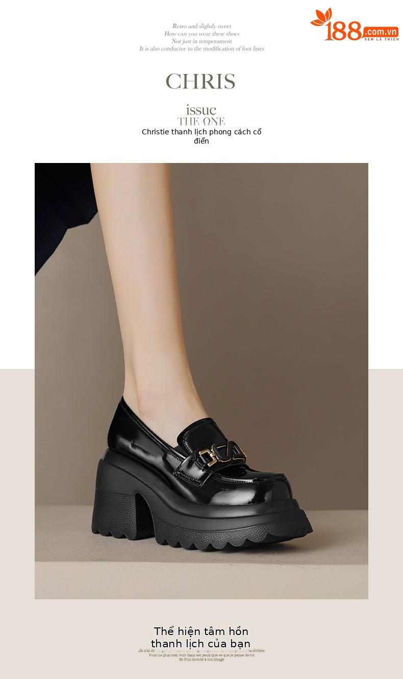 Giày loafer nữ đế xuồng cao gót mũi tròn kim loại – phong cách tăng chiều cao — Đen bóng, Be bóng chi tiết 6