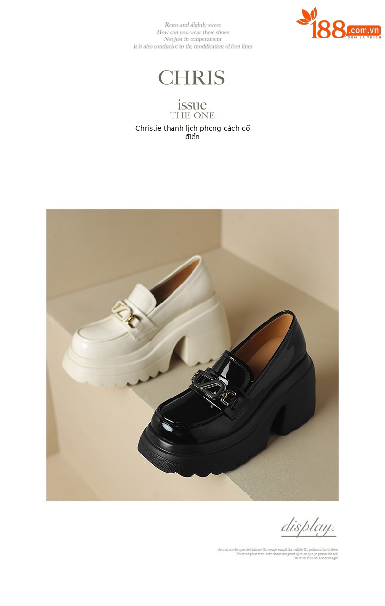 Giày loafer nữ đế xuồng cao gót mũi tròn kim loại – phong cách tăng chiều cao — Đen bóng, Be bóng chi tiết 11