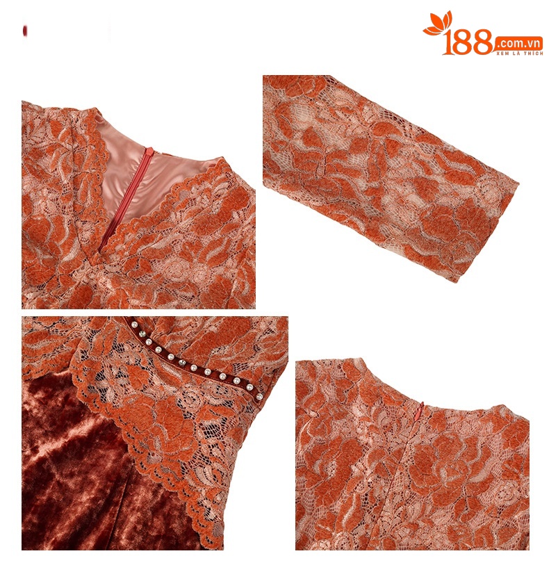 Đầm dài tay cổ V ren phối nhung ôm body nữ — nâu đỏ chi tiết 2