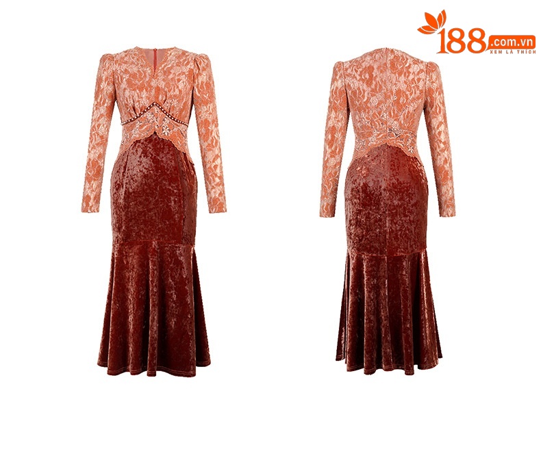 Đầm dài tay cổ V ren phối nhung ôm body nữ — nâu đỏ chi tiết 3