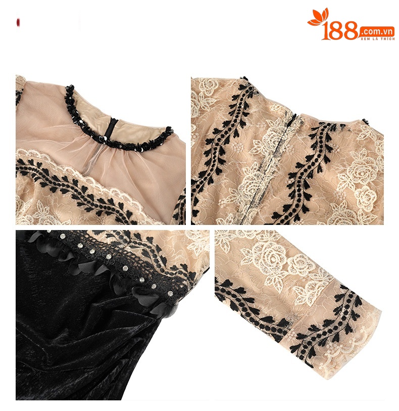 Đầm ôm body nữ phong cách Pháp cổ tròn đính đá, tay lưới xuyên thấu, dáng dài — đen chi tiết 2