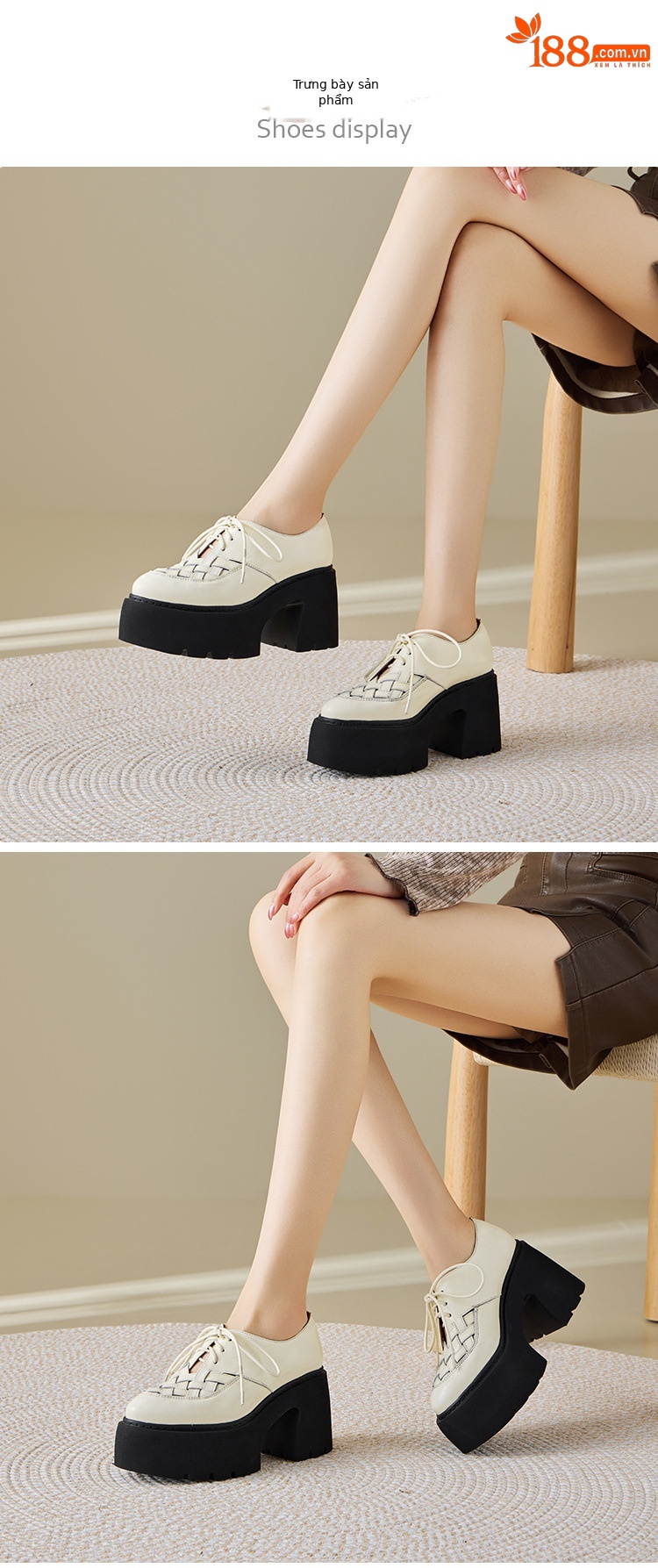Giày cao gót nữ mũi nhọn gót vuông 10 cm dây buộc phong cách Anh, đế xuồng, da thật — màu đen chi tiết 2