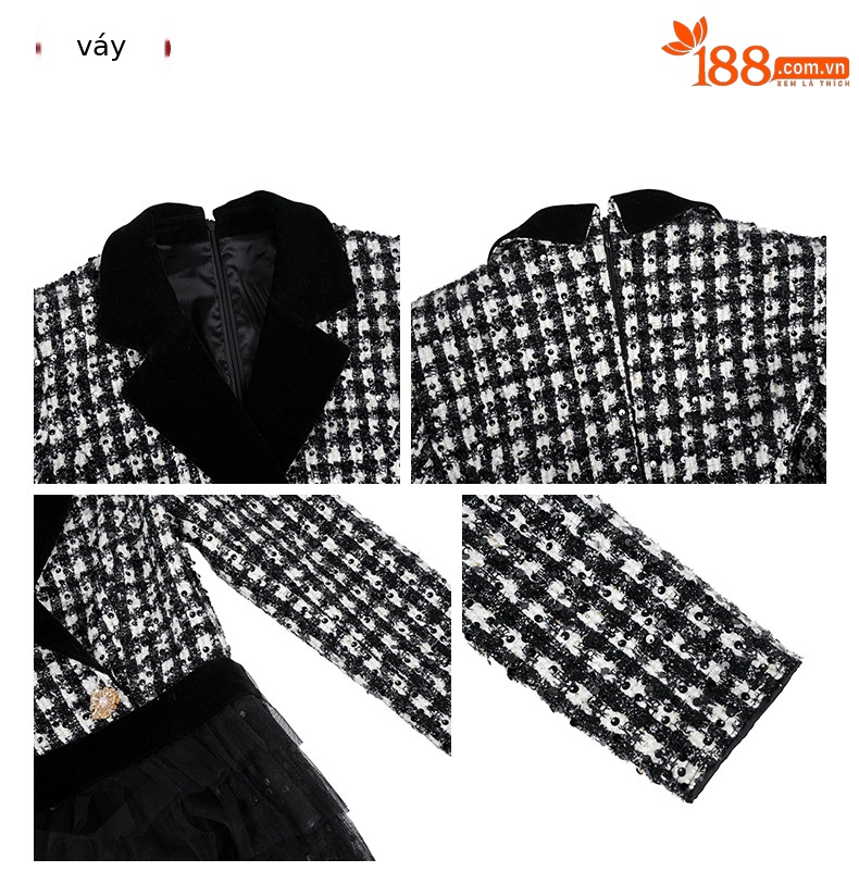 Đầm nữ cổ vest kẻ sọc phối lưới bồng eo dài tay — đen chi tiết 1