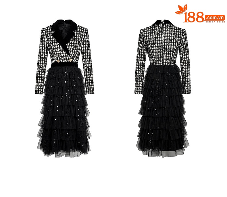 Đầm nữ cổ vest kẻ sọc phối lưới bồng eo dài tay — đen chi tiết 2