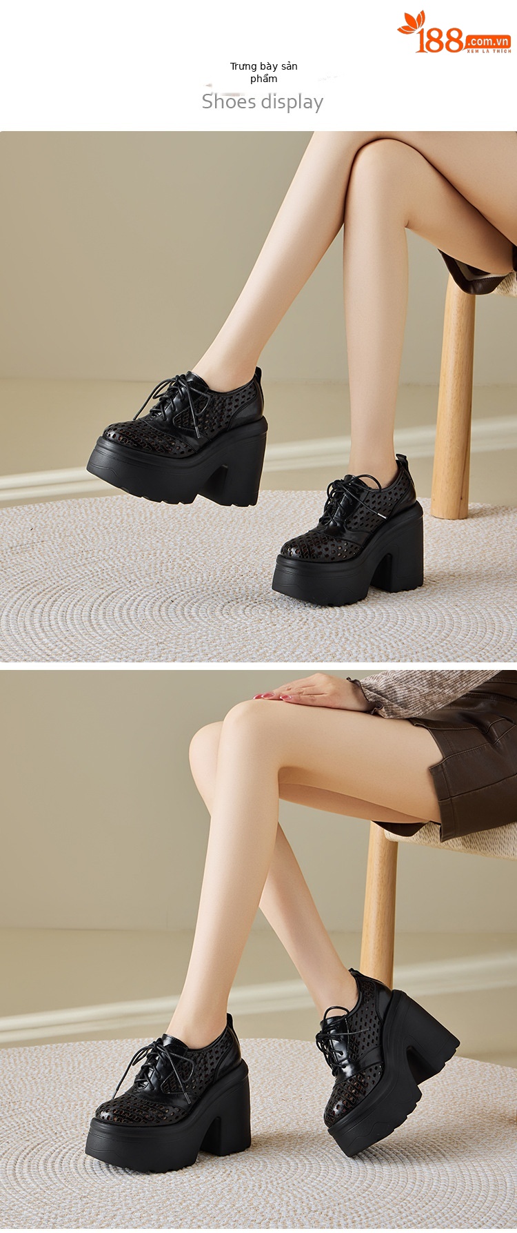 Giày cao gót nữ phong cách Anh quốc, gót vuông 12 cm, mũi hở, thoáng khí — màu đen chi tiết 2