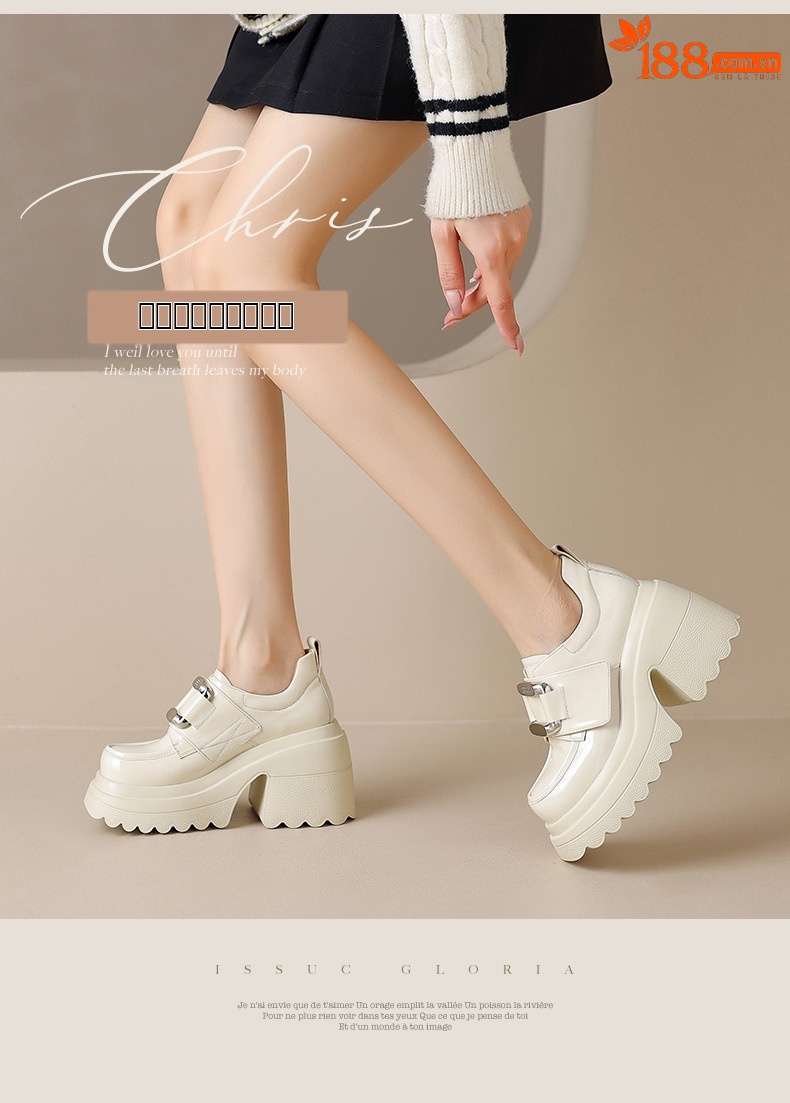 Giày loafer nữ đế xuồng platform phong cách Anh quốc, gót cao 6 cm, mũi tròn, quai ngang dán — Đen bóng, Be bóng chi tiết 1