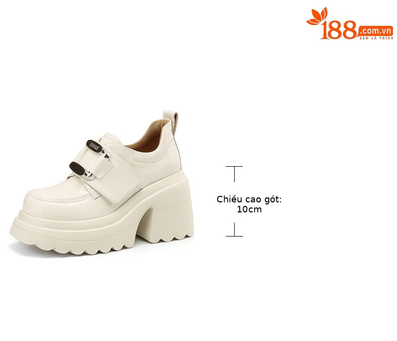 Giày loafer nữ đế xuồng platform phong cách Anh quốc, gót cao 6 cm, mũi tròn, quai ngang dán — Đen bóng, Be bóng chi tiết 3