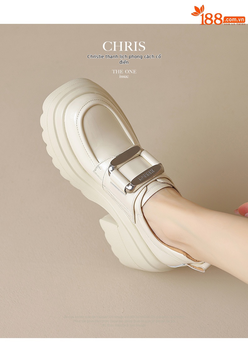 Giày loafer nữ đế xuồng platform phong cách Anh quốc, gót cao 6 cm, mũi tròn, quai ngang dán — Đen bóng, Be bóng chi tiết 4