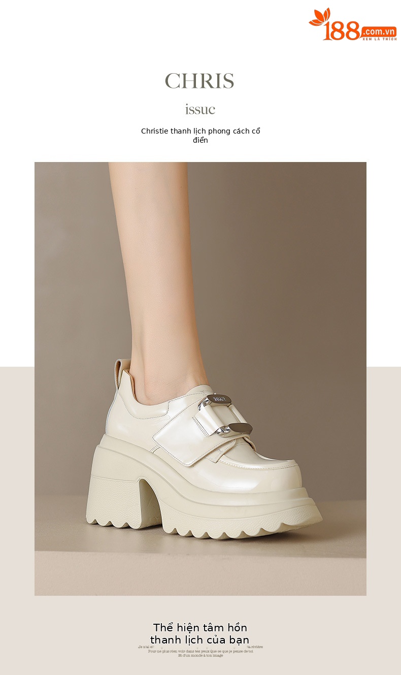 Giày loafer nữ đế xuồng platform phong cách Anh quốc, gót cao 6 cm, mũi tròn, quai ngang dán — Đen bóng, Be bóng chi tiết 6
