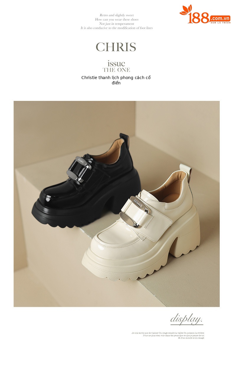 Giày loafer nữ đế xuồng platform phong cách Anh quốc, gót cao 6 cm, mũi tròn, quai ngang dán — Đen bóng, Be bóng chi tiết 11