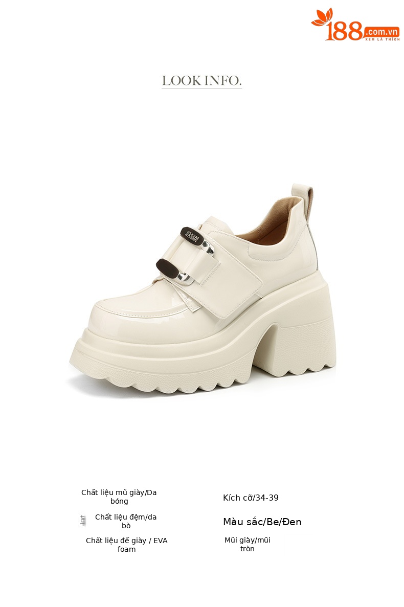 Giày loafer nữ đế xuồng platform phong cách Anh quốc, gót cao 6 cm, mũi tròn, quai ngang dán — Đen bóng, Be bóng chi tiết 2