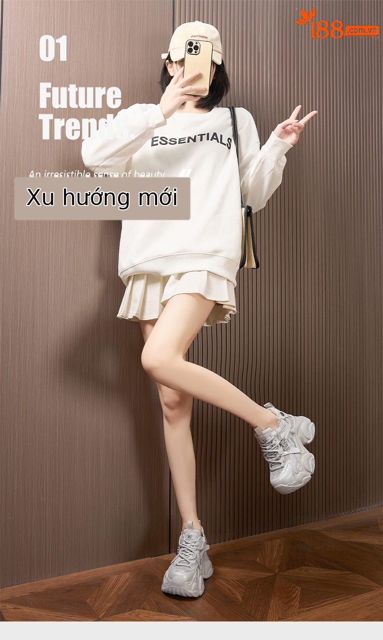 Giày sneaker nữ chunky đế dày lưới thoáng khí, gót siêu cao 8 cm — Xám, Trắng chi tiết 2