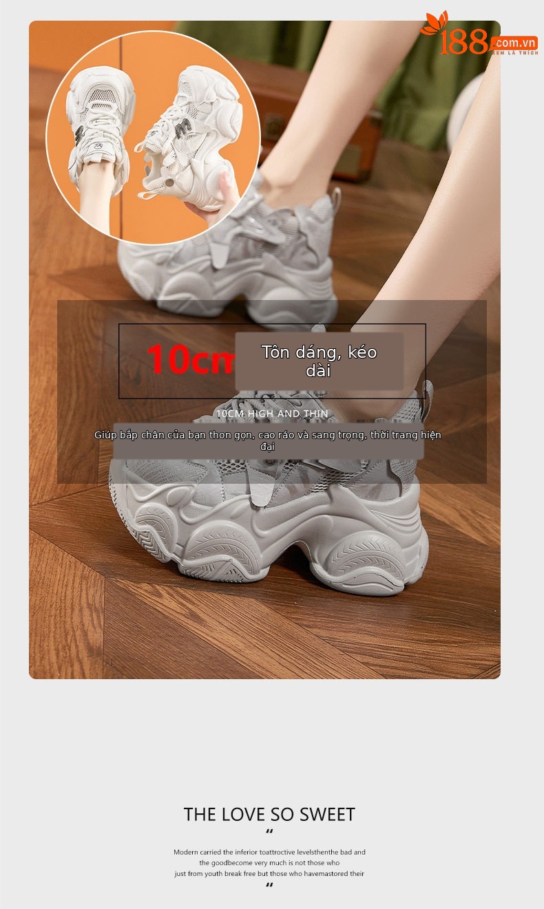 Giày sneaker nữ chunky đế dày lưới thoáng khí, gót siêu cao 8 cm — Xám, Trắng chi tiết 9
