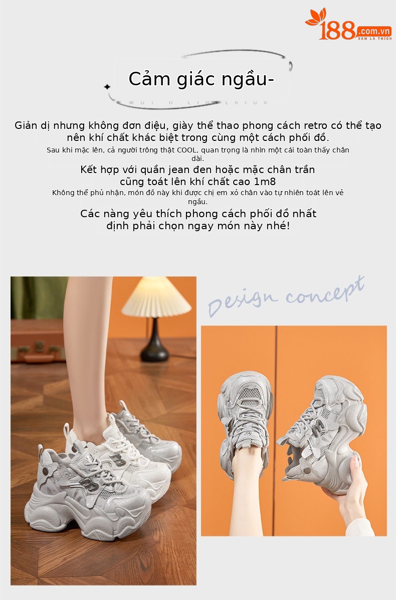 Giày sneaker nữ chunky đế dày lưới thoáng khí, gót siêu cao 8 cm — Xám, Trắng chi tiết 4