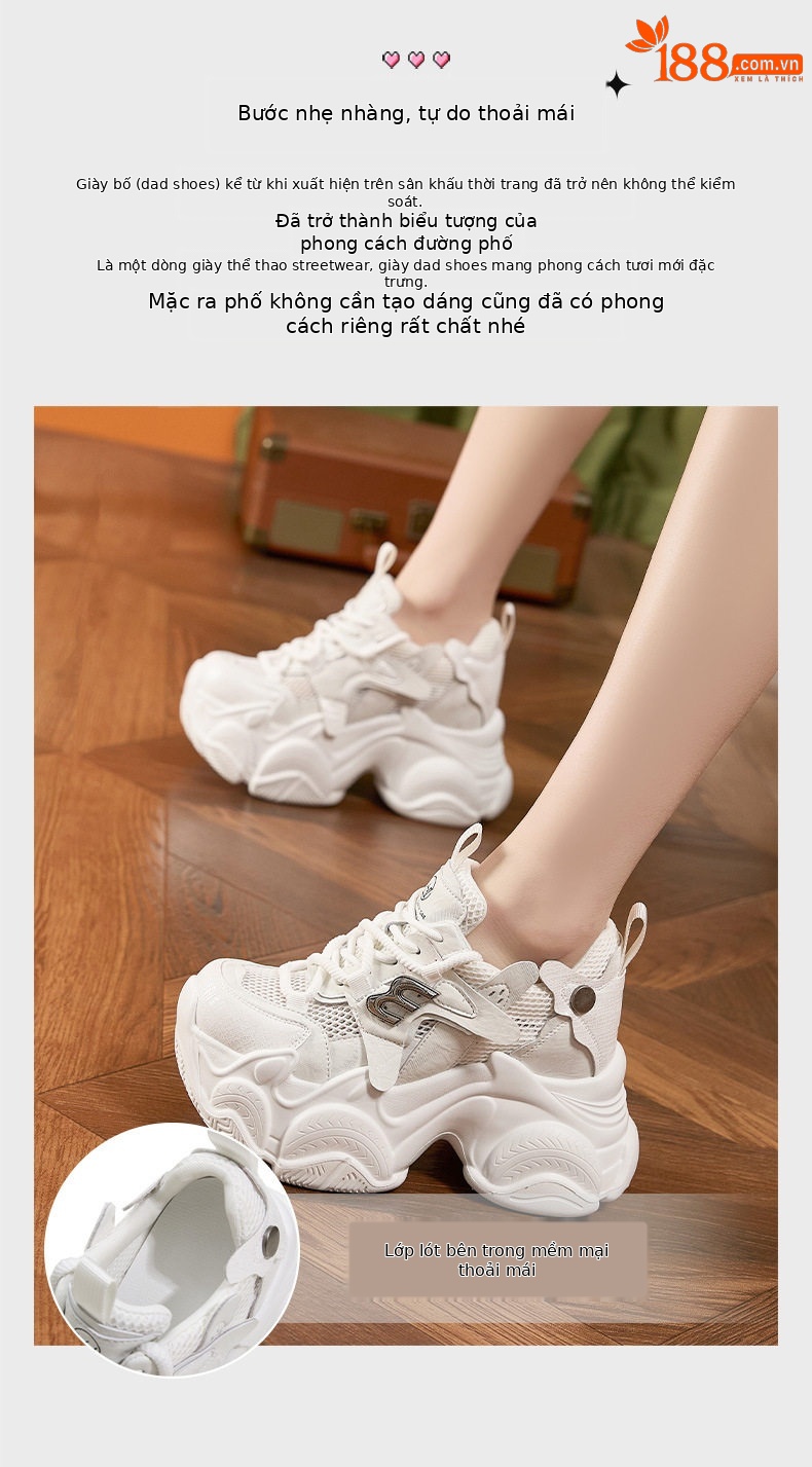 Giày sneaker nữ chunky đế dày lưới thoáng khí, gót siêu cao 8 cm — Xám, Trắng chi tiết 5