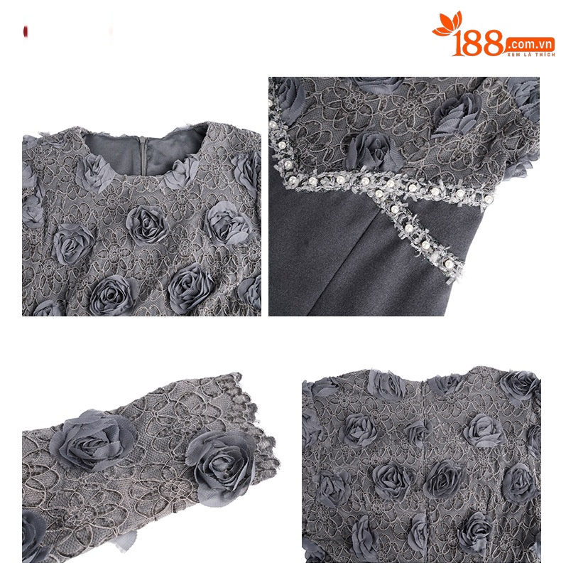 Đầm ôm body nữ tay dài thiết kế hoa nổi ghép mảnh phong cách Pháp — Graphite hoa mưa chi tiết 2