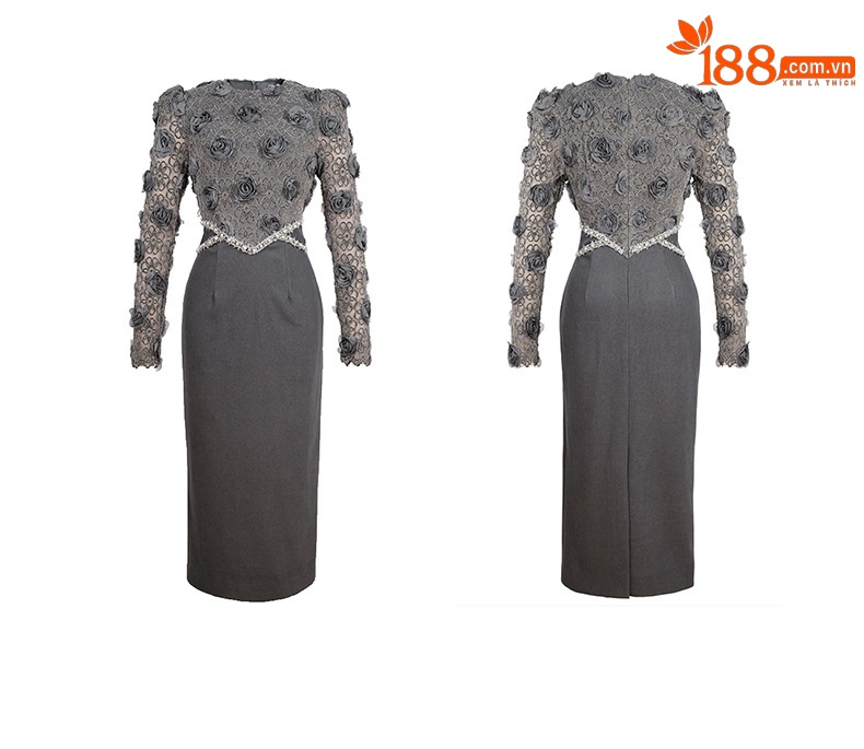 Đầm ôm body nữ tay dài thiết kế hoa nổi ghép mảnh phong cách Pháp — Graphite hoa mưa chi tiết 3