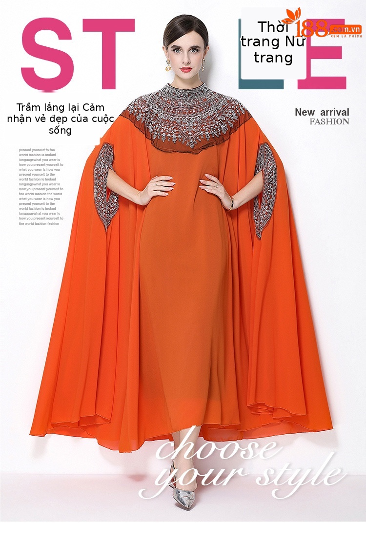 Đầm maxi nữ tay dài thêu hạt sequin cổ điển, dáng rộng che bụng — rượu vang đỏ, Vàng đen, Bạc đen, màu cam chi tiết 2