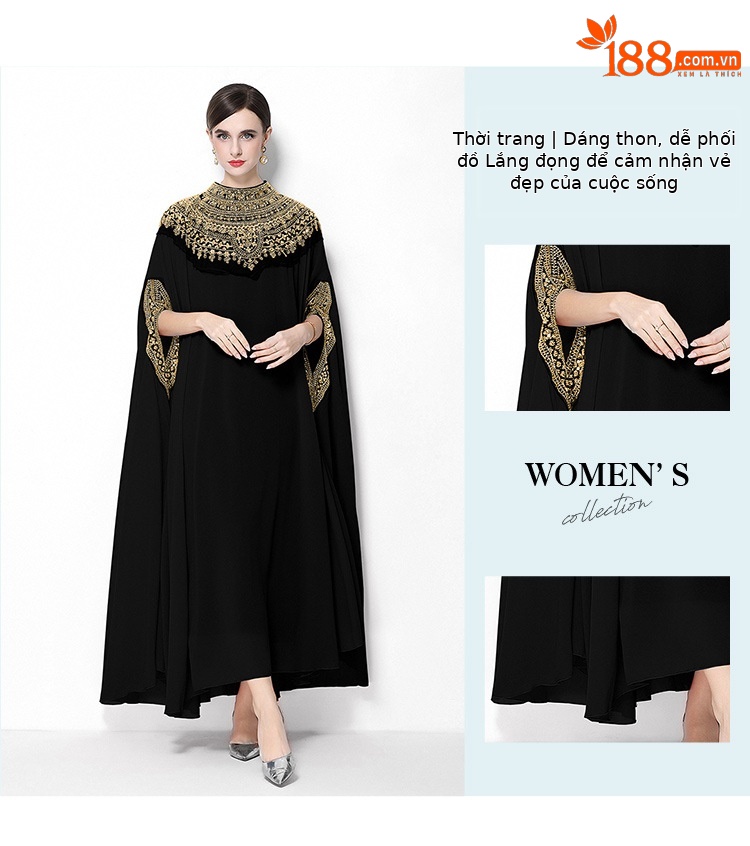 Đầm maxi nữ tay dài thêu hạt sequin cổ điển, dáng rộng che bụng — rượu vang đỏ, Vàng đen, Bạc đen, màu cam chi tiết 4