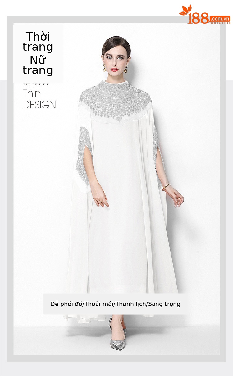 Đầm maxi nữ tay dài thêu hạt sequin cổ điển, dáng rộng che bụng — rượu vang đỏ, Vàng đen, Bạc đen, màu cam chi tiết 6