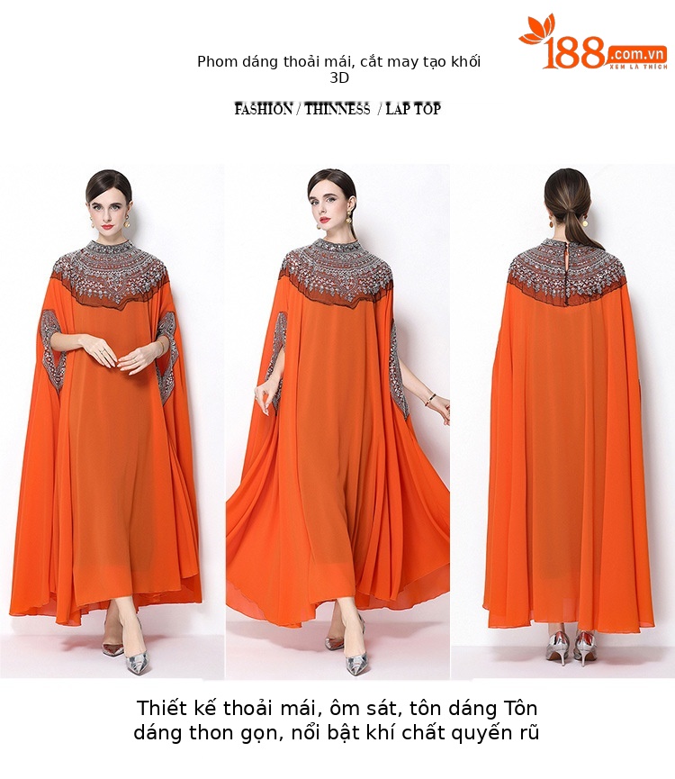 Đầm maxi nữ tay dài thêu hạt sequin cổ điển, dáng rộng che bụng — rượu vang đỏ, Vàng đen, Bạc đen, màu cam chi tiết 7