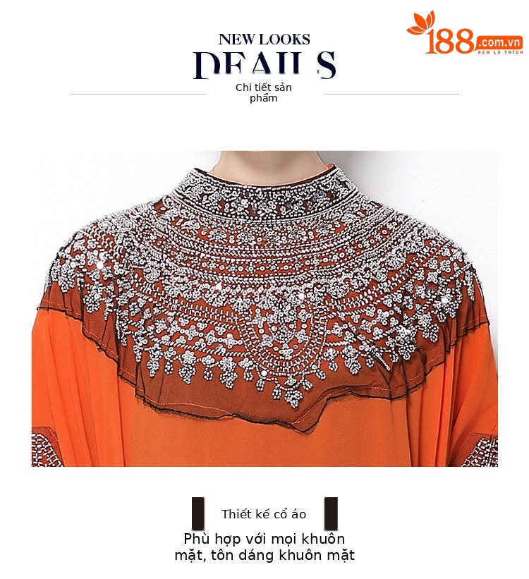 Đầm maxi nữ tay dài thêu hạt sequin cổ điển, dáng rộng che bụng — rượu vang đỏ, Vàng đen, Bạc đen, màu cam chi tiết 8