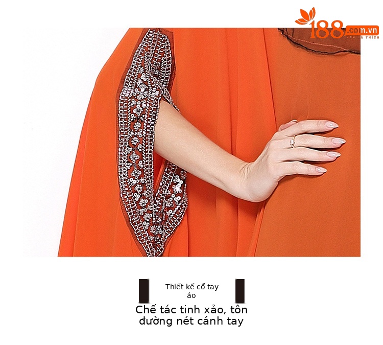 Đầm maxi nữ tay dài thêu hạt sequin cổ điển, dáng rộng che bụng — rượu vang đỏ, Vàng đen, Bạc đen, màu cam chi tiết 9