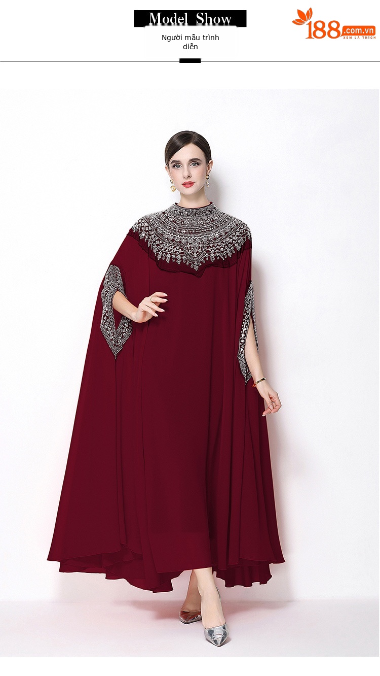 Đầm maxi nữ tay dài thêu hạt sequin cổ điển, dáng rộng che bụng — rượu vang đỏ, Vàng đen, Bạc đen, màu cam chi tiết 13