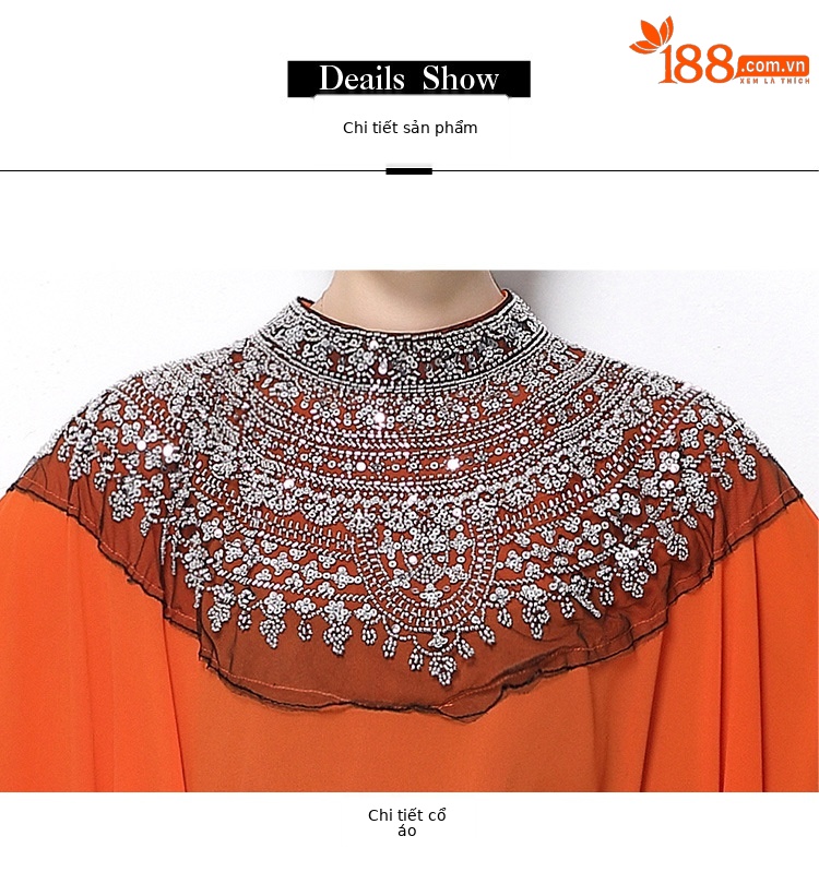 Đầm maxi nữ tay dài thêu hạt sequin cổ điển, dáng rộng che bụng — rượu vang đỏ, Vàng đen, Bạc đen, màu cam chi tiết 23