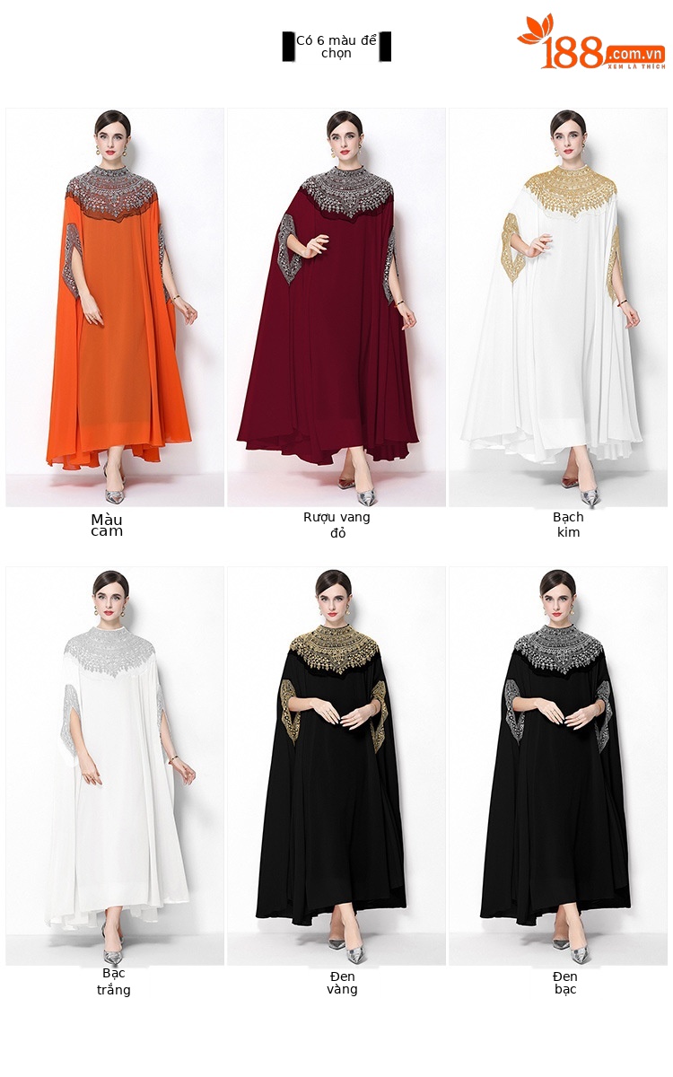 Đầm maxi nữ tay dài thêu hạt sequin cổ điển, dáng rộng che bụng — rượu vang đỏ, Vàng đen, Bạc đen, màu cam chi tiết 1