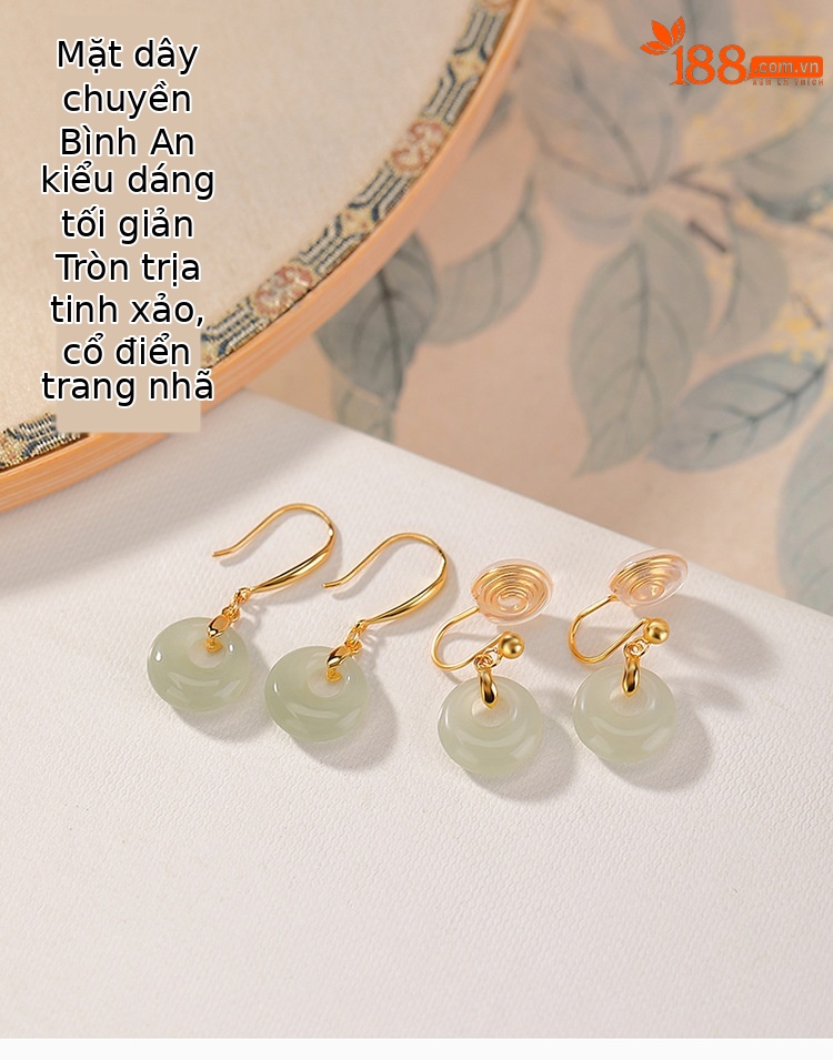 Bông tai kẹp bạc S925 mạ vàng đính ngọc bích hình khuyên an khang phong cách tân cổ điển — Kiểu kẹp tai chi tiết 1