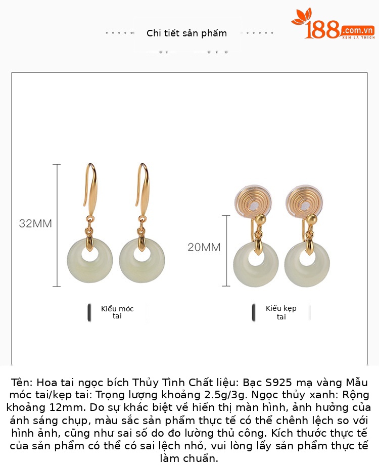 Bông tai kẹp bạc S925 mạ vàng đính ngọc bích hình khuyên an khang phong cách tân cổ điển — Kiểu kẹp tai chi tiết 2
