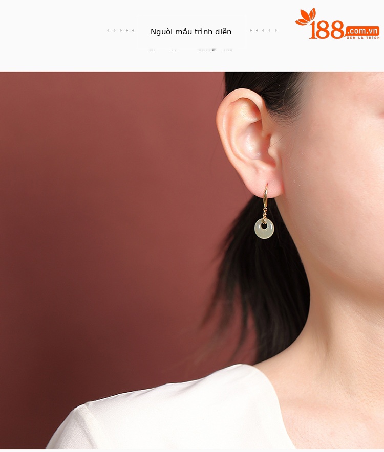 Bông tai kẹp bạc S925 mạ vàng đính ngọc bích hình khuyên an khang phong cách tân cổ điển — Kiểu kẹp tai chi tiết 5