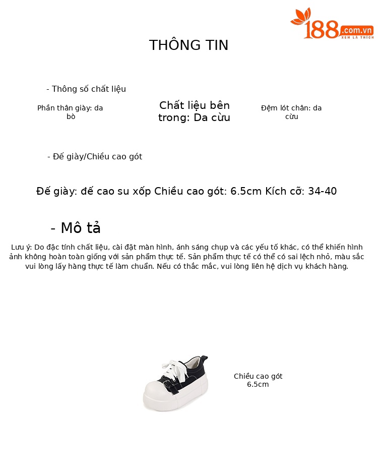 Giày sneaker nữ đế dày da thật phong cách platform khóa dây — màu đen, màu trắng chi tiết 3