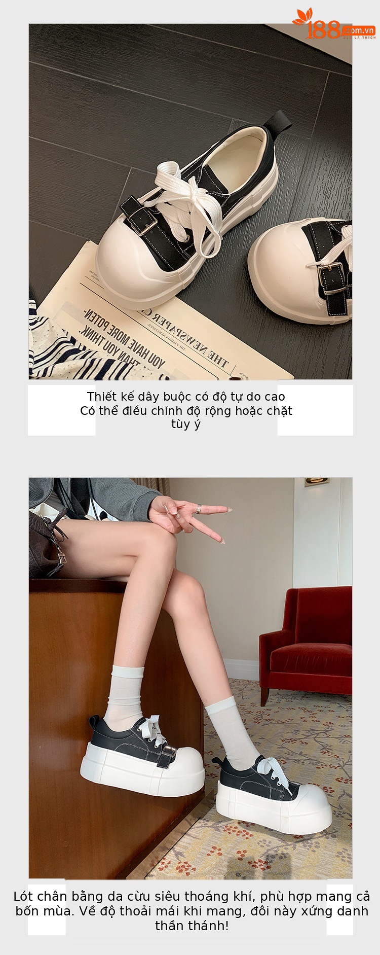 Giày sneaker nữ đế dày da thật phong cách platform khóa dây — màu đen, màu trắng chi tiết 6