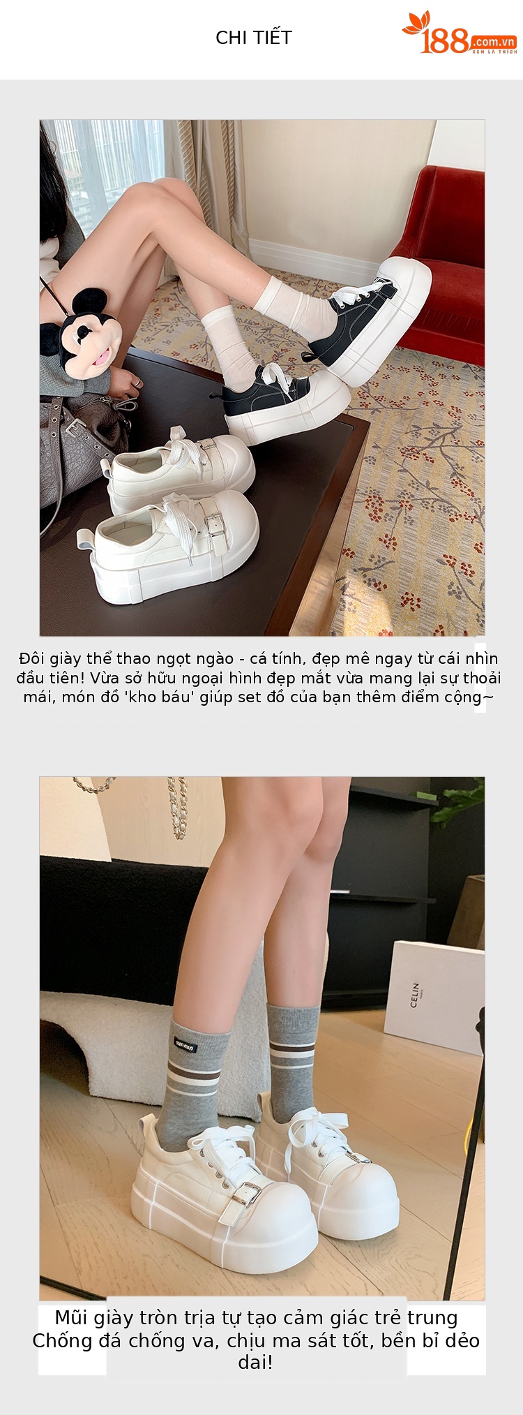 Giày sneaker nữ đế dày da thật phong cách platform khóa dây — màu đen, màu trắng chi tiết 5