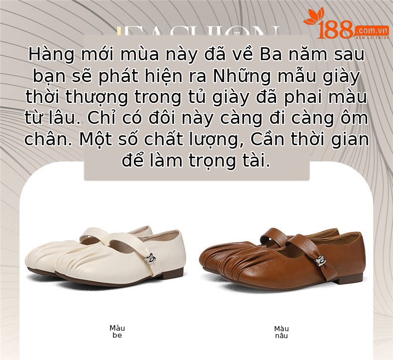 Giày Mary Jane nữ da thật đế mềm mũi tròn nhăn phong cách Pháp 2026 — JST 6082 Màu be và chiều cao 0,5cm, JST 6082 Màu nâu và chiều cao 0,5cm chi tiết 1