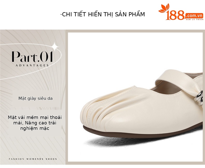Giày Mary Jane nữ da thật đế mềm mũi tròn nhăn phong cách Pháp 2026 — JST 6082 Màu be và chiều cao 0,5cm, JST 6082 Màu nâu và chiều cao 0,5cm chi tiết 2