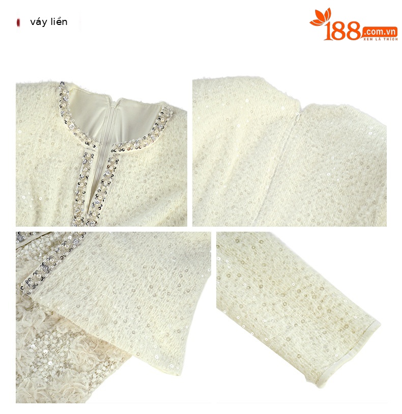 Đầm ôm body nữ sequin đính đá cổ chữ V tay ngắn — Màu trắng sữa chi tiết 2