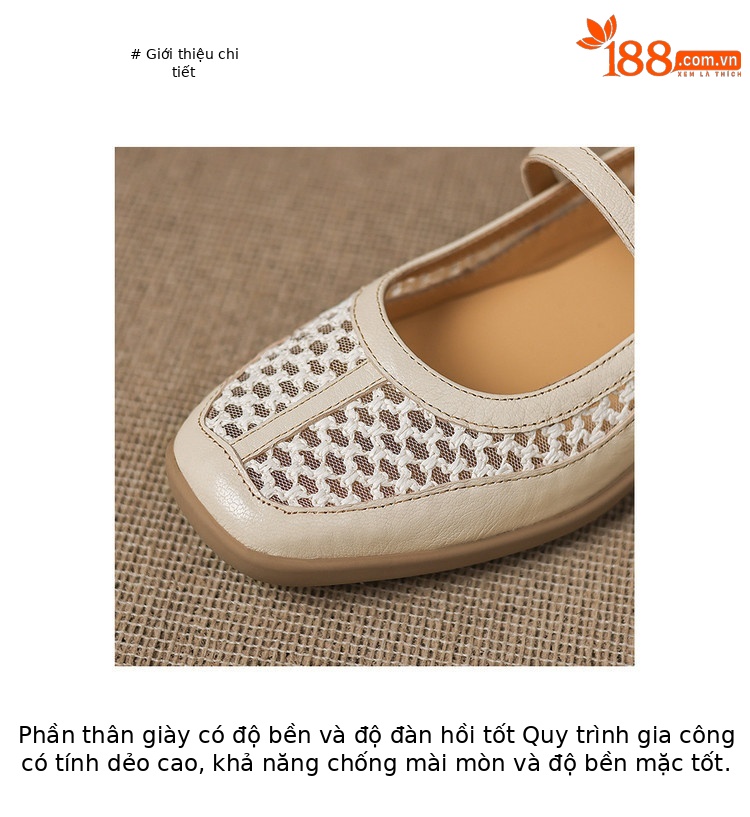 Giày ballet nữ da thật lỗ rỗng phong cách DeTrain phối lưới mùa xuân hè — màu đen, màu trắng ngà chi tiết 6