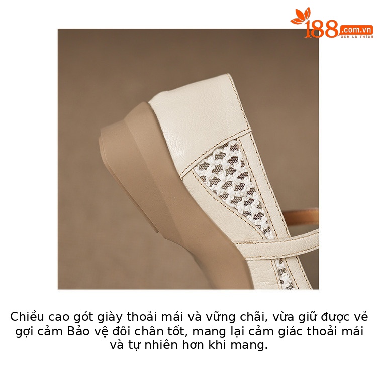Giày ballet nữ da thật lỗ rỗng phong cách DeTrain phối lưới mùa xuân hè — màu đen, màu trắng ngà chi tiết 7