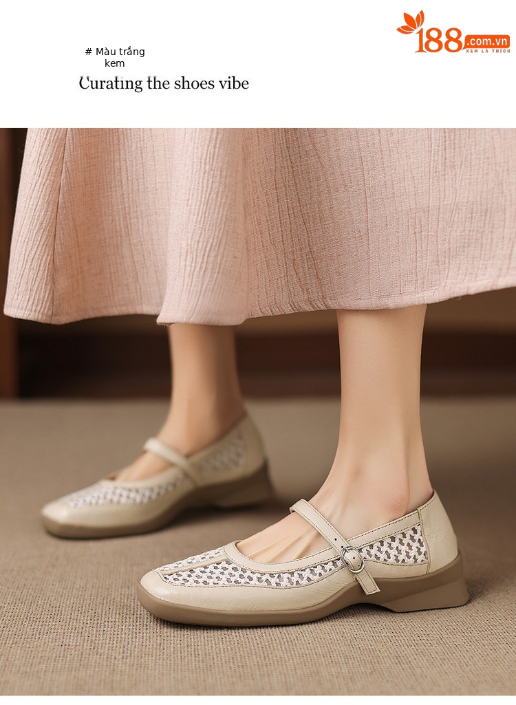 Giày ballet nữ da thật lỗ rỗng phong cách DeTrain phối lưới mùa xuân hè — màu đen, màu trắng ngà chi tiết 18