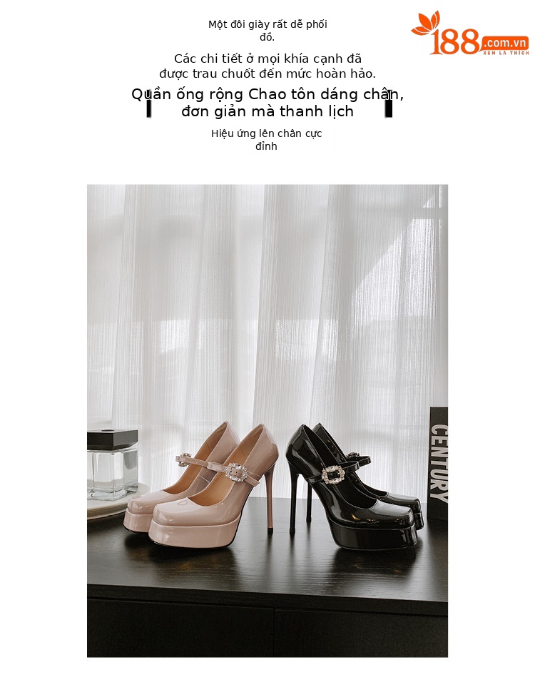 Giày cao gót Mary Jane mũi vuông quai ngang một khóa, gót nhọn 9 cm, đế platform, phong cách lễ tân dẫn chương trình — Trần truồng hồng, màu đen chi tiết 2