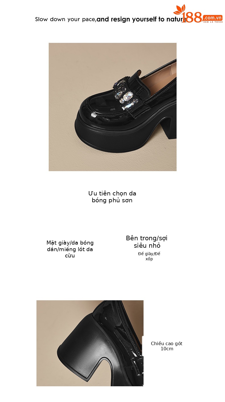 Giày loafer nữ mũi tròn gót vuông đính đá phong cách JK — màu đen, màu trắng ngà chi tiết 3
