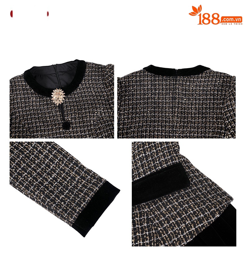 Váy liền dáng suông midi tiểu hương, thắt lưng eo, họa tiết kẻ caro cổ điển — đen chi tiết 1
