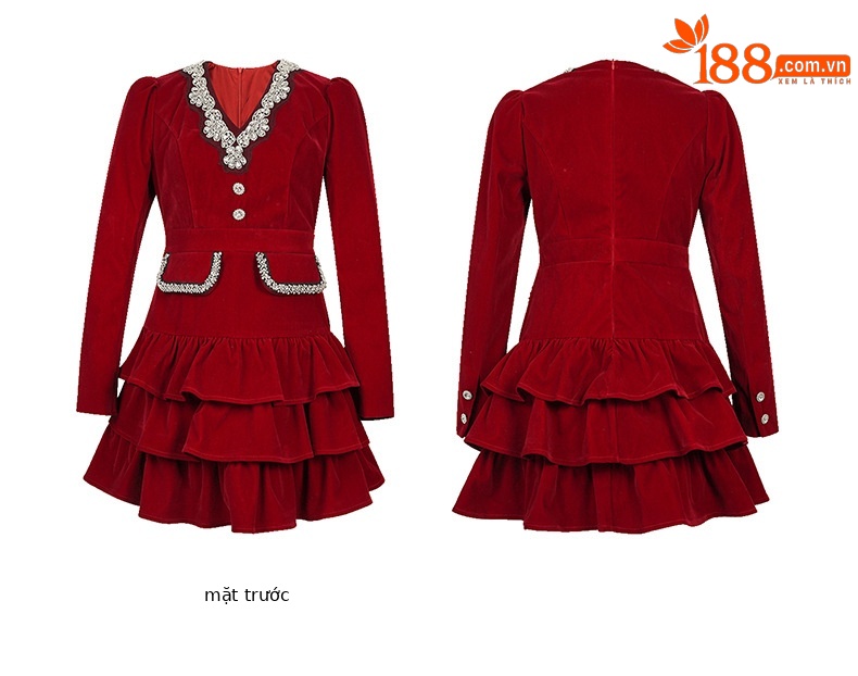 Đầm nhung bồng bềnh cổ V thắt eo đính đá phong cách Pháp — đen chi tiết 5