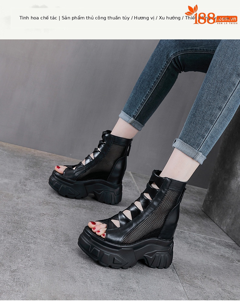 Sandal cao gót nữ mũi hở đế platform 11 cm da bò thật kiểu La Mã — màu đen chi tiết 1
