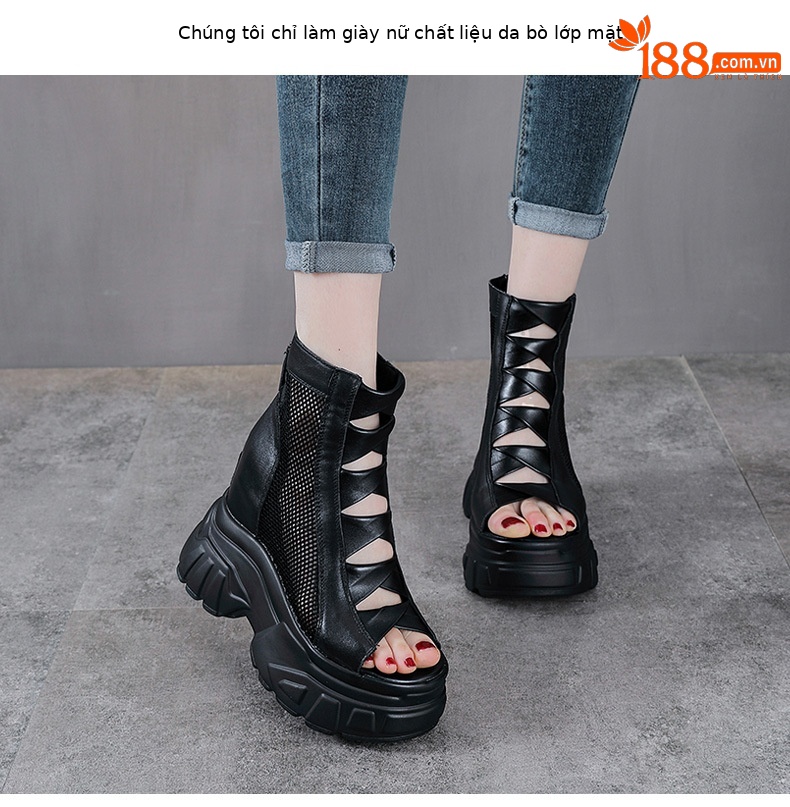 Sandal cao gót nữ mũi hở đế platform 11 cm da bò thật kiểu La Mã — màu đen chi tiết 2