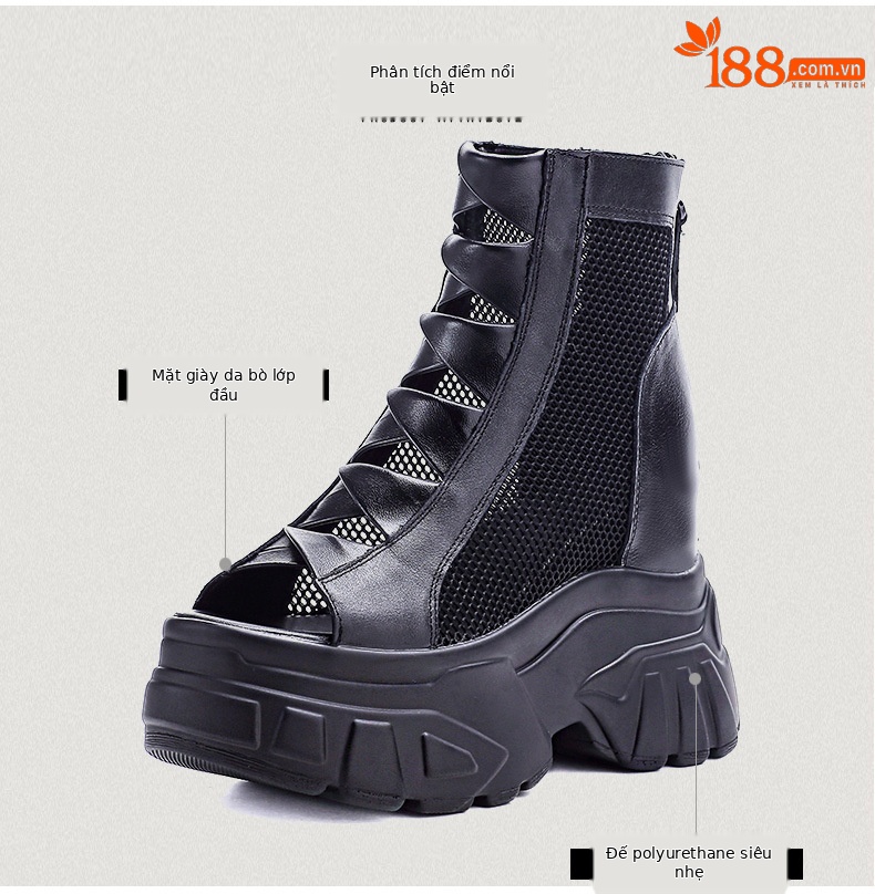 Sandal cao gót nữ mũi hở đế platform 11 cm da bò thật kiểu La Mã — màu đen chi tiết 3