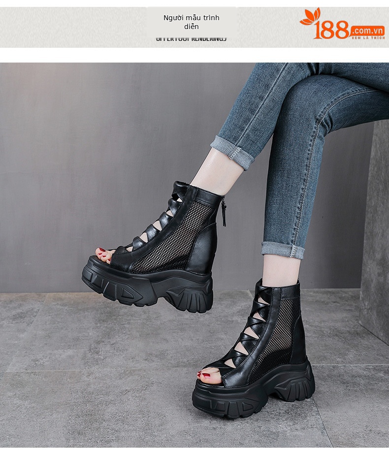 Sandal cao gót nữ mũi hở đế platform 11 cm da bò thật kiểu La Mã — màu đen chi tiết 9